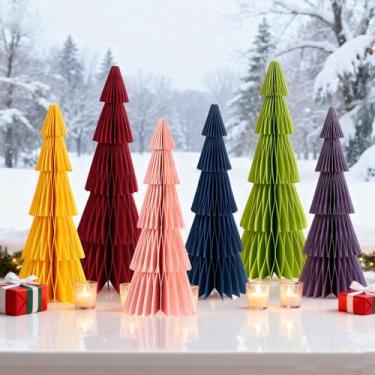 Imagem de OBBOLO Árvore de Natal de papel, vermelho, amarelo, verde e rosa, árvore de Natal pequena de mesa para centros de mesa, decorações de papel de Natal