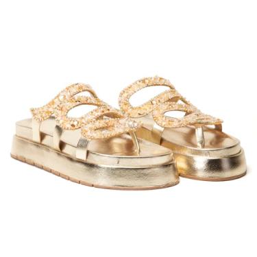 Imagem de Papete Flatform Feminina com Pedras Naturais, Preta, Dourada e Verde, Couro Sintético, Plataforma 3.5cm, Tiras Decoradas, Casual e Elegante (Dourado, BR, Adulto, Numérico, 35)
