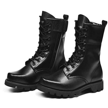 Imagem de Bigfanshu Botas masculinas de couro PU, sapatos rasos, modernos, à prova d'água, militar, combate, tático, calçados masculinos, com cadarço, cadarço para uso ao ar livre, sem cadarço, sem fecho, cano