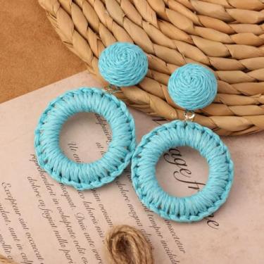 Imagem de Brincos pendentes de ráfia azul lago - estilo boho, feitos à mão, leves, acessórios de verão, Small, Misto, Sem pedra preciosa