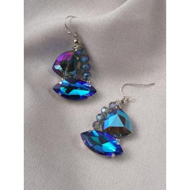 Imagem de Brincos de vidro em forma de tesouro da moda tendência azul (SE-109-azul), no size, Liga de aço, Sem pedra preciosa