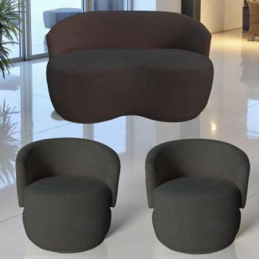 Imagem de Kit Namoradeira + 2 Poltronas Decorativa Beatriz Orgânica Couro Marrom