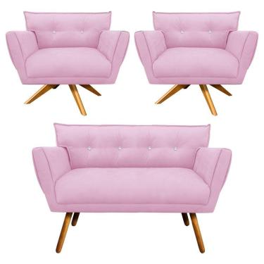 Imagem de Kit 01 Namoradeira E 02 Poltronas Anitta Suede Rosa Bebê