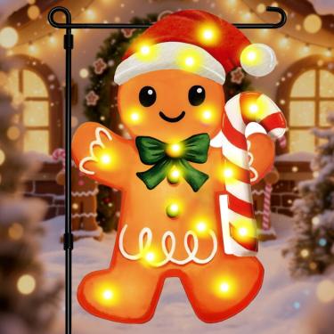Imagem de Gingerbread Man Bandeira de jardim de Natal com luzes Feliz Natal Yall bandeira de jardim decorações solares de inverno ao ar livre 12 x 18 dupla face 5 modos placa led gengibre quintal
