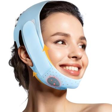 Imagem de Faixa de queixo feminina Uilita para dormir, redutor de papada, faixa de queixo ajustável, faixa para mandíbula, modelador de contorno facial, máscara de lifting facial em V.(Blue)