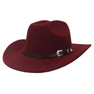 Imagem de Chapéu de cowboy masculino ocidental com chapéu Fedora de feltro boné feminino jazz cowgirl cloche igreja sombrero vermelho escuro adultos 57 a 59 cm