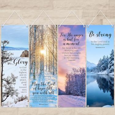 Imagem de Moukeren 4 peças de banners de igreja de inverno com escritura banners de varanda religiosos de inverno para Natal, férias, santuário, parede, versículo bíblico, louvor cristão, placas penduradas