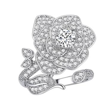 Imagem de Oneress Anel de zircônia rosa – design de pétalas abertas românticas florescendo – Estilo envoltório floral ajustável cintilante – Acessório feminino elegante para festa de formatura, Adjustable