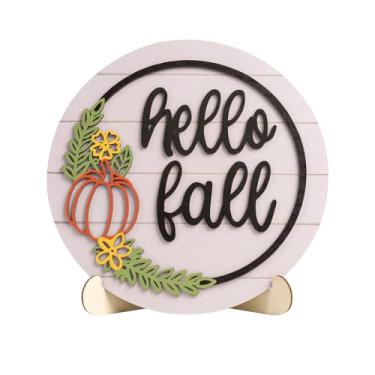 Imagem de pechpell Placa 3D Hello Outono, Madeira Outono Colheita de Abóbora Placas Decorativas Redondas, Decoração, Mesa de Centro de Mesa Interior Prateleira Cornija Mesa de Ação de Graças Rústica Decorações