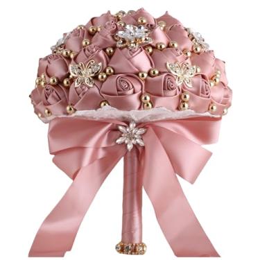 Imagem de TUAGYMKR Buquê de casamento para noiva, dama de honra, casamento, quinze anos, ramo de flores artificiais de rosas com broche brilhante (nº 66 rosa escuro, grande (diâmetro 9,8"/24 cm))