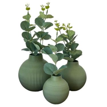 Imagem de Flores Artificiais Com Vaso Triplo Decorativo Toque Realista Arranjo Moderno Para Decoracao Residencial (Vaso Verde/Folha Verde)