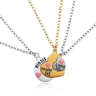 Imagem de Sudaporn Colar de irmã combinando para 3 colares de irmãs Big Middle Lil Sis presentes de aniversário de Natal para trigêmeos, irmãs, 3 peças, colar de coração de três irmãs, presente para filha, de