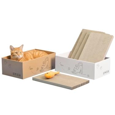 Imagem de Quuzee Pacote com 5 arranhadores dupla face para gatos com caixa e brinquedo de peixe – Almofada reversível para gatos em ambientes internos, arranhador de papelão ondulado durável para gatos