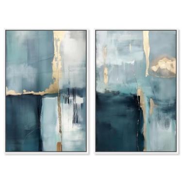 Imagem de Conjunto de 2 painéis de luxo azul dourado arte de parede azul por Art Remedy, moldura branca, 50 x 76 cm