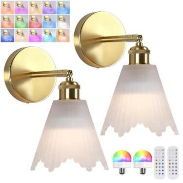 Imagem de Jaenmsa Arandela de parede vintage operada a bateria com abajur de vidro de grade de cristal leitoso recarregável a bateria com controle remoto para cabeceira, quarto, banheiro, conjunto de 2