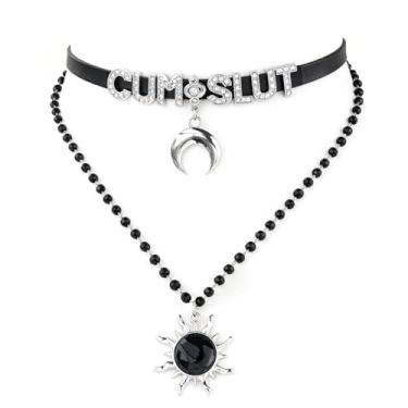 Imagem de FAYERXL Gargantilha gargantilha de couro gótico lua crescente, colar gargantilha preta lua sol estrela, nome letra Halloween joia de Natal presente para mulheres, Adjustable, Couro Metal, Sem Pedra