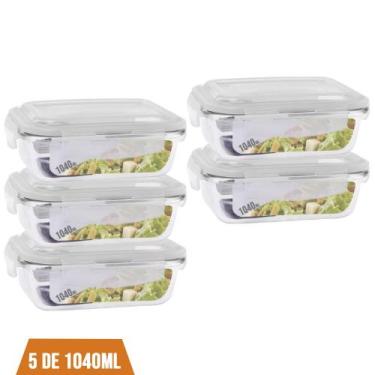 Imagem de Conjunto Com 5 Potes Vidro 1040ml Hermético Marmita 4 Travas - Pra cas