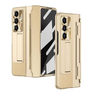 Imagem de Para Samsung Galaxy Z Fold 7 6 5 4 5g com película protetora de tela de vidro, couro de luxo, revestimento único, dobradiça, capa à prova de choque (para Galaxy Z Fold 6/dourado)