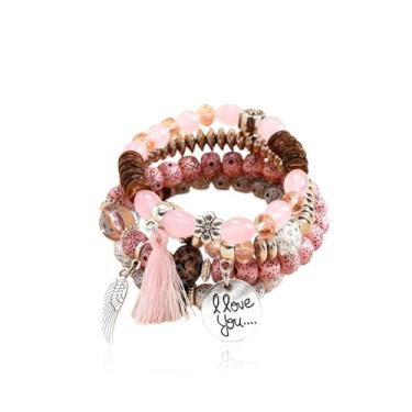 Imagem de Embtrem Pulseiras femininas boêmias com borlas de asas I Love You, pingentes empilháveis, contas de cristal rosa, joias ajustáveis, presentes para aniversário, amizade, família, Large, Sem Pedra