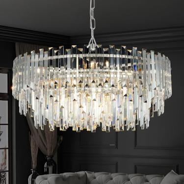 Imagem de Lustre de cristal 10 luzes cromadas luxuosas modernas lustres redondos luminária de teto pendente para salas de jantar sala de estar entrada gota de chuva L 27,55 ''