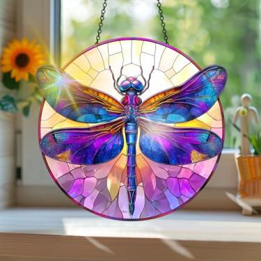 Imagem de Acrílico colorido Suncatcher, apanhador de sol estilo vitral impresso libélula com reflexos de arco-íris, decoração de janela suspensa, decoração de parede, ornamentos de Natal para uso interno e