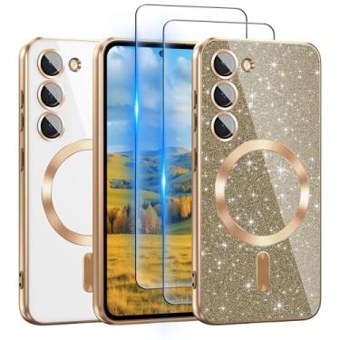 Imagem de Capa para Samsung Galaxy S23 compatível com MagSafe, [cartão de glitter e 2 peças de películas HD] Linda capa brilhante brilhante [nunca amarela], fina, à prova de choque, antiarranhões, capa