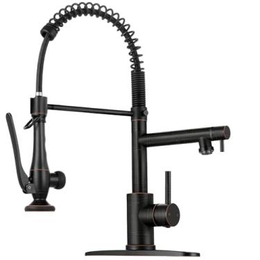 Imagem de RNDIOZD Torneira de cozinha com pulverizador de puxar para baixo - Torneiras de cozinha comerciais de manípulo único ORB, torneira de pia de cozinha com mola de aço inoxidável com 2 bicos 1/3 furo com