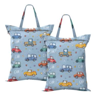 Imagem de Sacos de lavanderia de viagem, 2 peças, saco seco e molhado com alça organizador de roupas sujas para maiô, praia, acampamento, impermeável, lavável, azul, carros fofos e estrelas