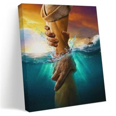 Imagem de Arte de parede em tela de Jesus Cristo, a mão de Deus Jesus alcançando a água, impressões de pintura cristã, decoração de parede bíblica para sala de oração de estudo de igreja, decoração de casa