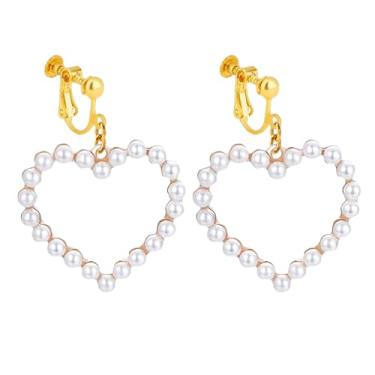 Imagem de Brincos de coração com clipe para mulheres, não perfurados, pingente de pérola, strass, pingente, pingente, noiva, casamento, hipoalergênico, joia moderna branca, Zinco, Sem pedra preciosa