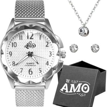 Imagem de Relogio Feminino Aço Inox Prata + Pulseira + Colar + Caixa Strass Moda Edição Limitada autêntico