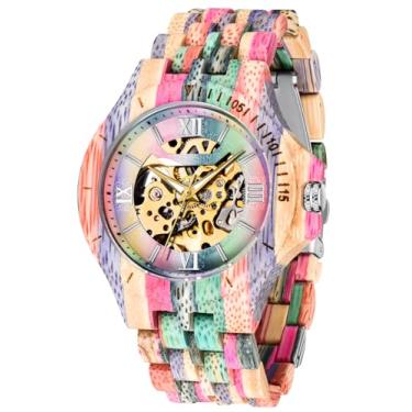 Imagem de Dentily Relógio de madeira mecânico colorido especial, esqueleto, automático, leve, de madeira, para homens