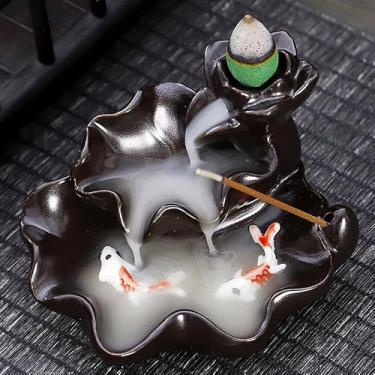 Imagem de Queimador de incenso de refluxo de cerâmica, decoração criativa para casa, queimador de incenso de refluxo em forma de peixe artesanal, aproveite o aroma de sândalo (C-10 Holland - marrom)