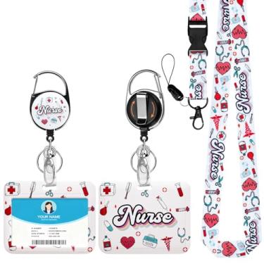 Imagem de Soleebee Porta-crachá de identificação com cordão, crachás de identificação horizontais fofos de enfermeira e cordão destacável, chaveiro retrátil, carretel resistente com mosquetão giratório de 360°