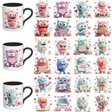 Imagem de Adesivos DTF UV Valentine - 24 folhas pacote engraçado UV DTF copo envoltório para canecas de vidro café, decalques DIY para copos, esfregar à prova d'água em transferências para artesanato (Monstro