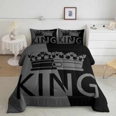 Imagem de ArtfulHome Conjunto de edredom King Crown vintage preto e cinza | Presentes românticos de dia dos namorados para ela, presentes de edredom I Love You, presentes para ele, presentes de casal para ele e