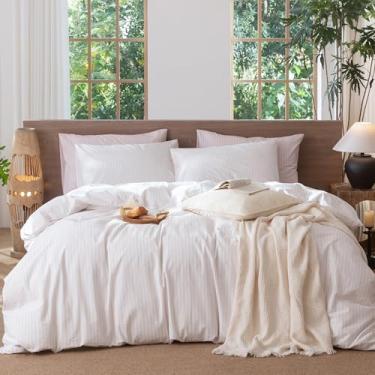 Imagem de MooMee Conjunto de capa de edredom listrado 100% algodão lavado como linho texturizado respirável durável macio confortável (listras largas rosa acinzentado branco mesclado, solteiro, 172 x 228 cm)