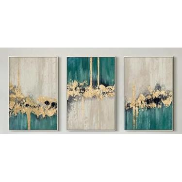 Imagem de RZIGERNO 3 peças de arte de parede abstrata verde e dourada, moderna, luxuosa, emoldurada, impressões, 30,5 x 40,6 cm, minimalista, pintura texturizada, pôster, decoração de parede para sala de estar