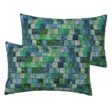 Imagem de VIREOTHIA Conjunto de 2 capas de almofada de mosaico para lombar, 30 x 50 cm, conjunto de 2 capas de almofada decorativas verdes e azuis com cubos geométricos retangulares para decoração de sofá-cama