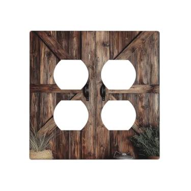 Imagem de VGHOKO Capas de tomada decorativas com porta de celeiro rústica design vintage de textura de madeira envelhecida placa de parede de 2 grupos receptáculo duplo duplo interruptor de luz capa de placa de