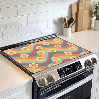 Imagem de Protetor de tampa superior de fogão elétrico Groovy Flowers dos anos 70, Boho Vintage Wave Glass Flat Top, Tapete de fogão de indução de forno resistente ao calor para tapetes de bancada de cerâmica