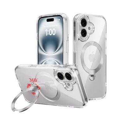 Imagem de Yunjews Capa para iPhone 16, com suporte giratório invisível, compatível com MagSafe, suporte de anel magnético de 360°, capa protetora fina e transparente à prova de choque de grau militar de 6,1