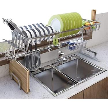 Imagem de BSNANCA Escorredor de louça, escorredor de pratos de 2 níveis com suporte de utensílios de drenagem, escorredor de pratos à prova de ferrugem para bancada de cozinha