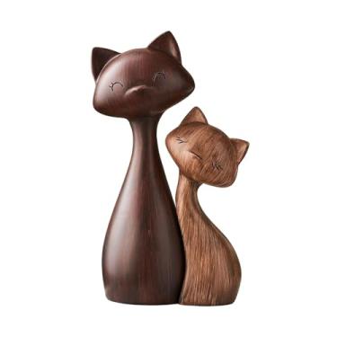 Imagem de Bothyi Conjunto de 2 Estátuas de Gatos em Madeira para Decoração de Sala de Estar ou Armário - Artesanato Colecionável - Casal de Gatos Apaixonados e