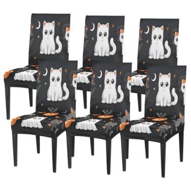 Imagem de Conjunto de 6 capas elásticas para cadeira de sala de jantar, capa protetora de assento de Halloween, gato, abóbora, fantasma, removível, lavável, para cozinha, casa, hotel, banquete, festa de