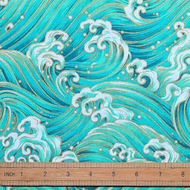 Imagem de PH PandaHall 1 jarda tecido ondulado do mar 149.9 cm largura japonês Hokusai tecido ouro hot stamping estofamento oceano azul decoração de costura para artesanato DIY costura roupa feita à mão toalha