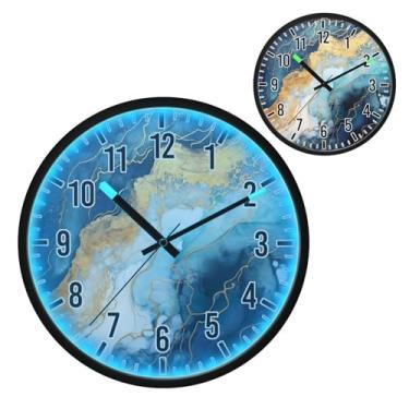 Imagem de Relógio de parede LED que brilha no escuro e ativado por voz, silencioso, design de mármore azul dourado de 30,5 cm, operado por bateria para decoração de quarto e sala de estar (214)