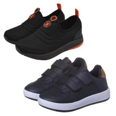 Imagem de Kit 2 Pares Tênis Infantil Menino Casual Preto e Calce Facil Preto com Laranja Kidstep-Masculino