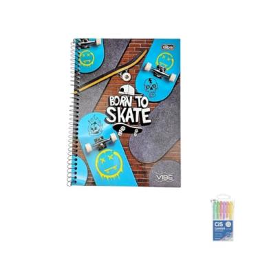 Imagem de Kit Caderno Universitário Capa Dura Vibe Masculino + Caneta Esferográfica Spiro Pote com 24 + Marca Texto Lumini Pastel