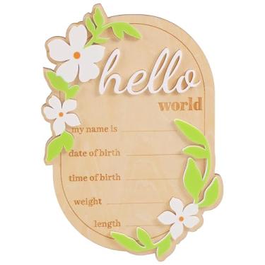 Imagem de Placa de Boas-Vindas para Recém-Nascido Olá Mundo, Placa Madeira com Decoração Flores e Folhas Anúncio Nascimento Ideal Decoração de Casa Berçário e Hospital Adereços para Fotos